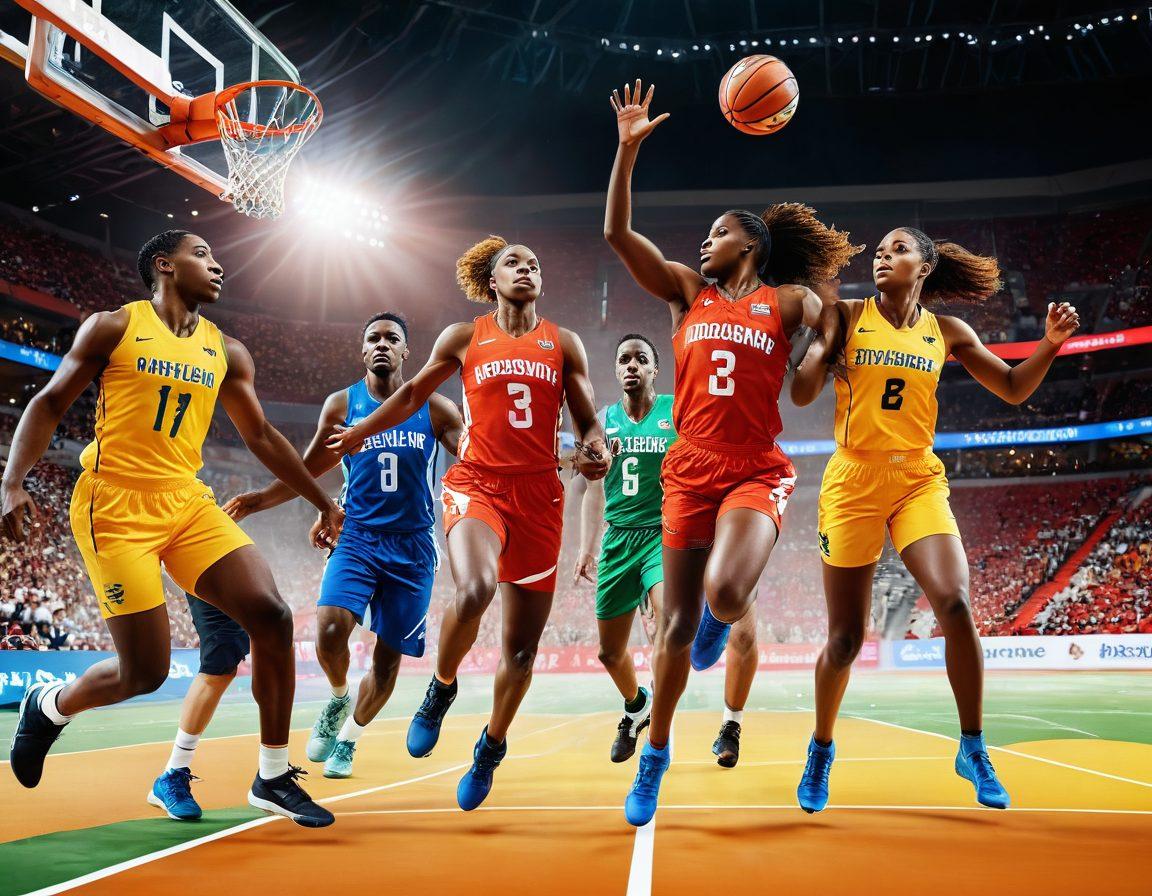 A dynamic scene featuring diverse athletes engaged in various sports, showcasing the spirit of passion and teamwork. Overlay subtle icons of insurance coverage, like shields and safety nets, illustrating protection. Background features a vibrant sports arena to symbolize excitement and action, with warm colors to invoke a sense of energy. super-realistic. vibrant colors. action-packed.